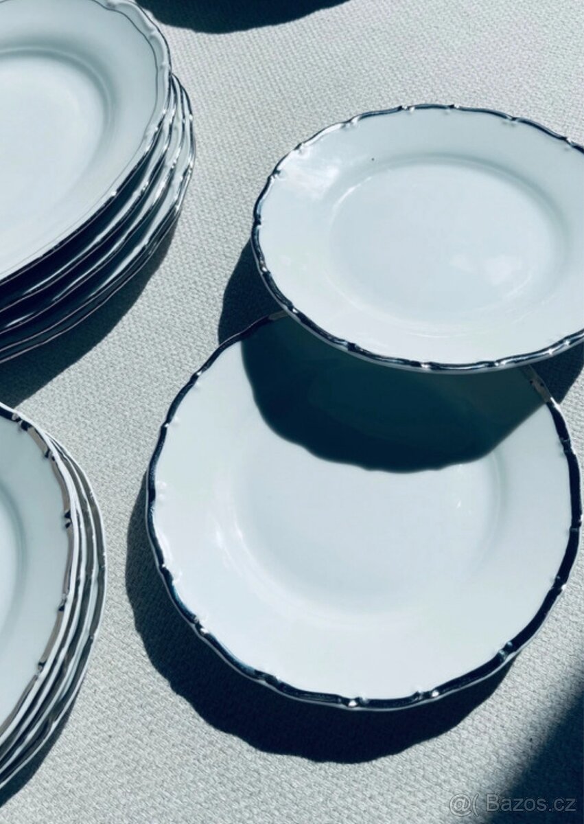 Sada talířů porcelán Stará role sváteční bílý stříbrný lem - 3