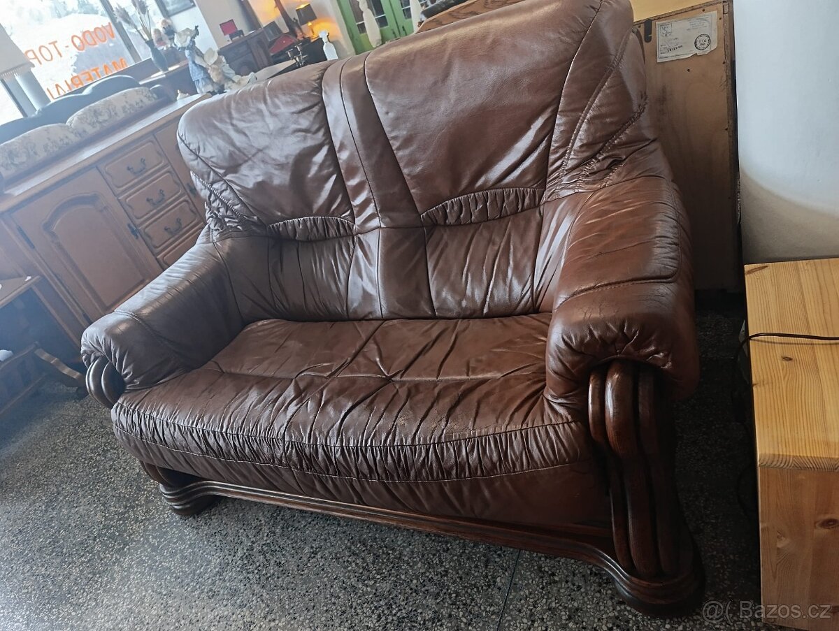 Rustikální kožená sedačka, dvousedačka, masív - 3