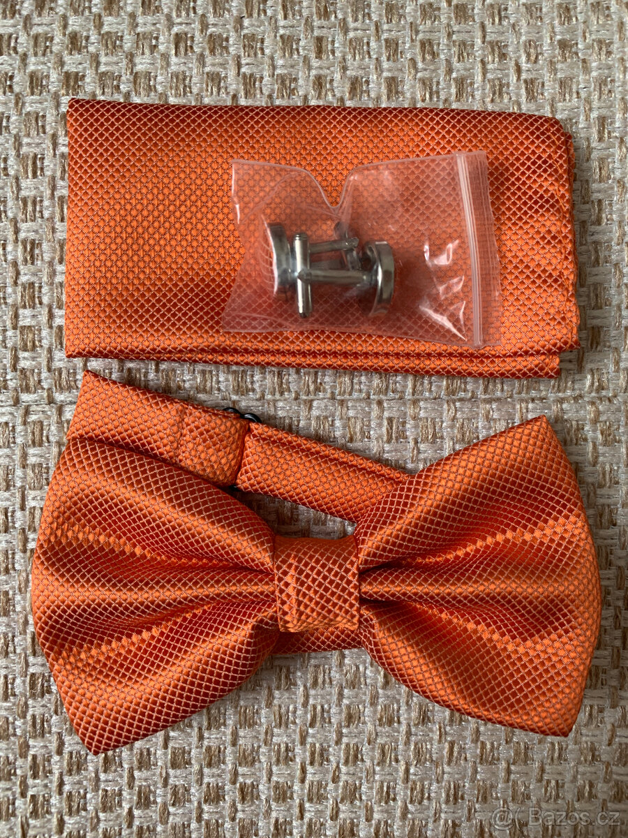 Pánský set motýlek+kapesníček, Losos/zlatý/orange - 3