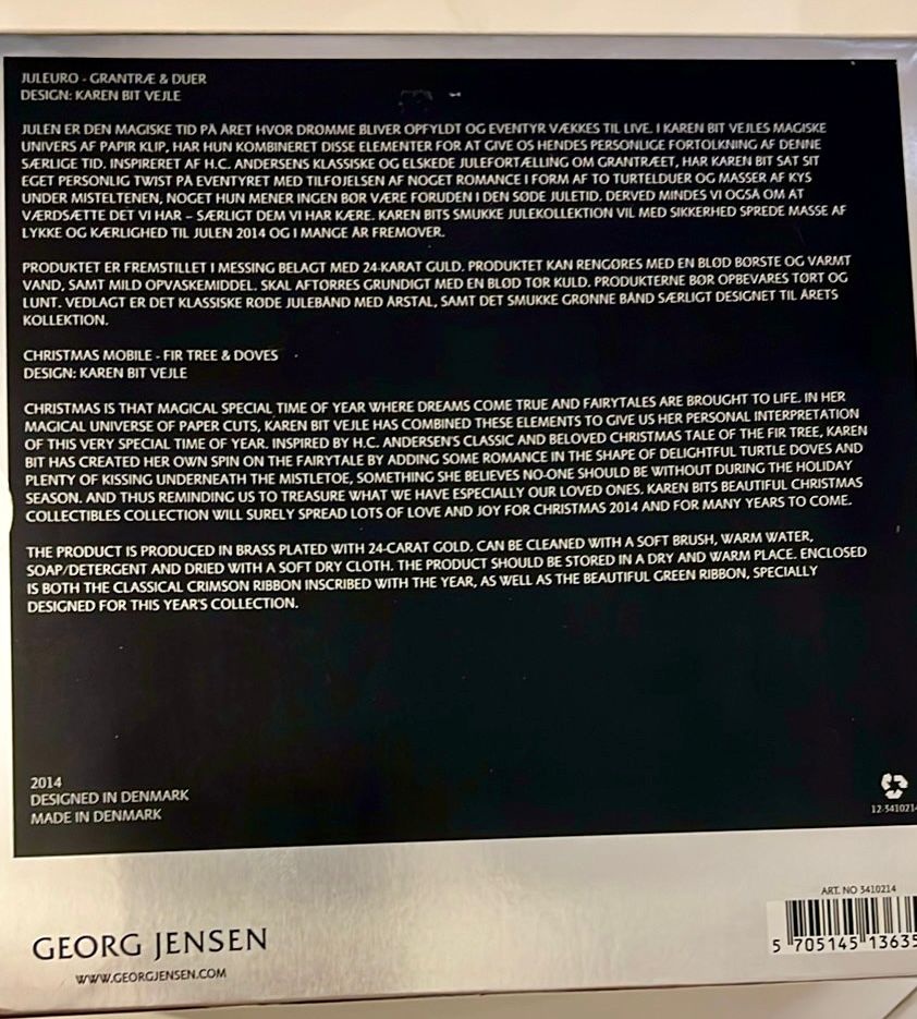 Georg Jensen Sběratelský předmět Jedle a Holubice,edice 2014 - 3