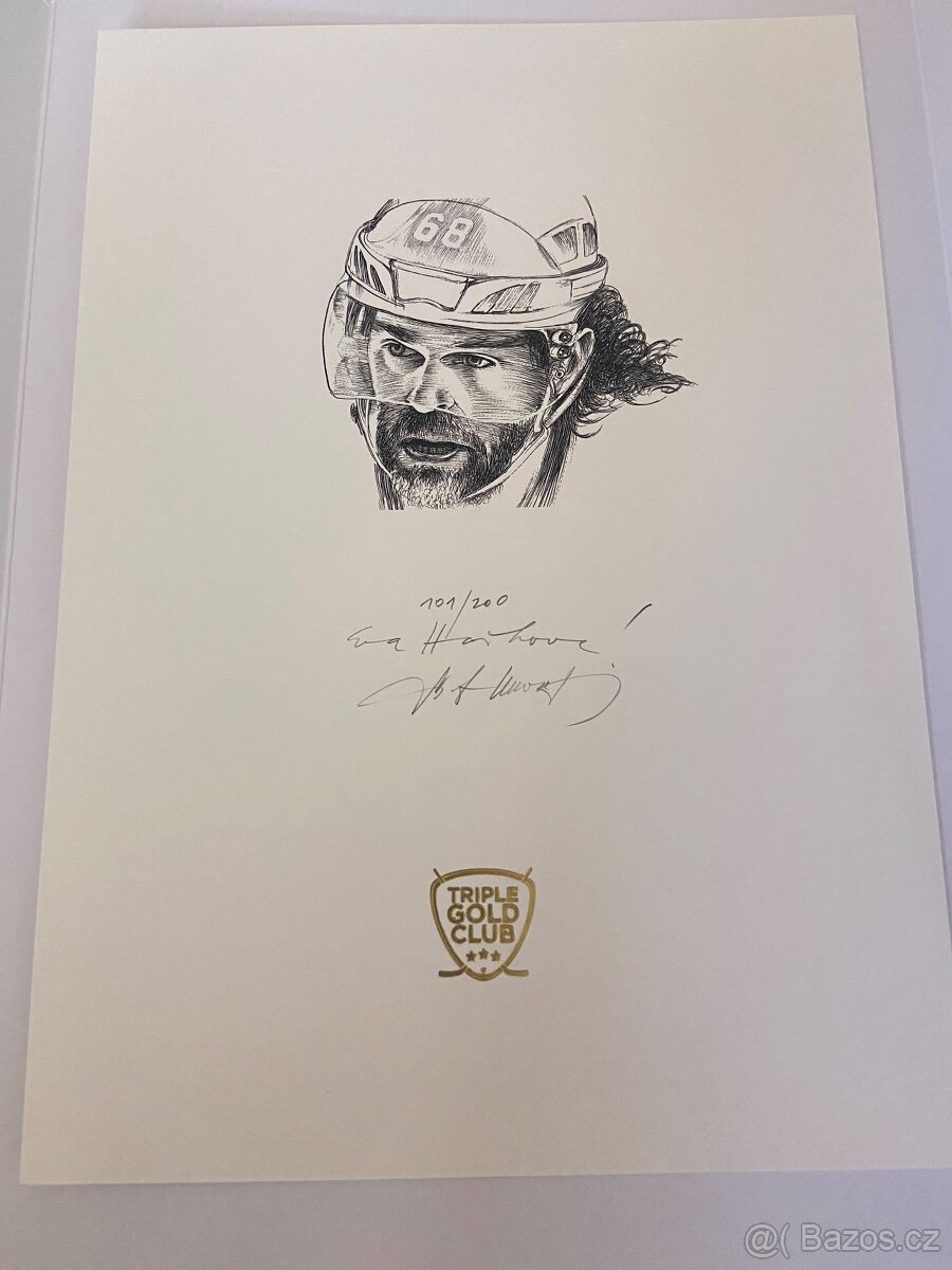 J.Jágr Grafický ocelotisk portrétu a logem Triple Gold Club - 3