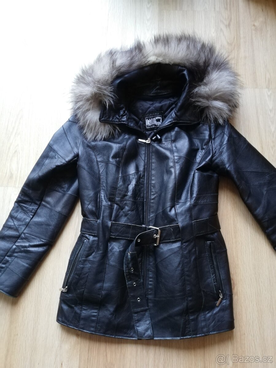 dámská kožená bunda s kapucí a kožíškem vel. 38/M - 3