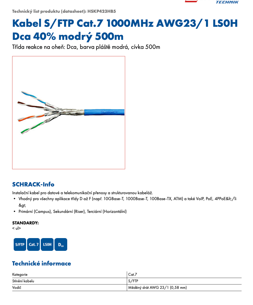 Schrack datový kabel S/FTP Cat 7 LS0H Dca - 3