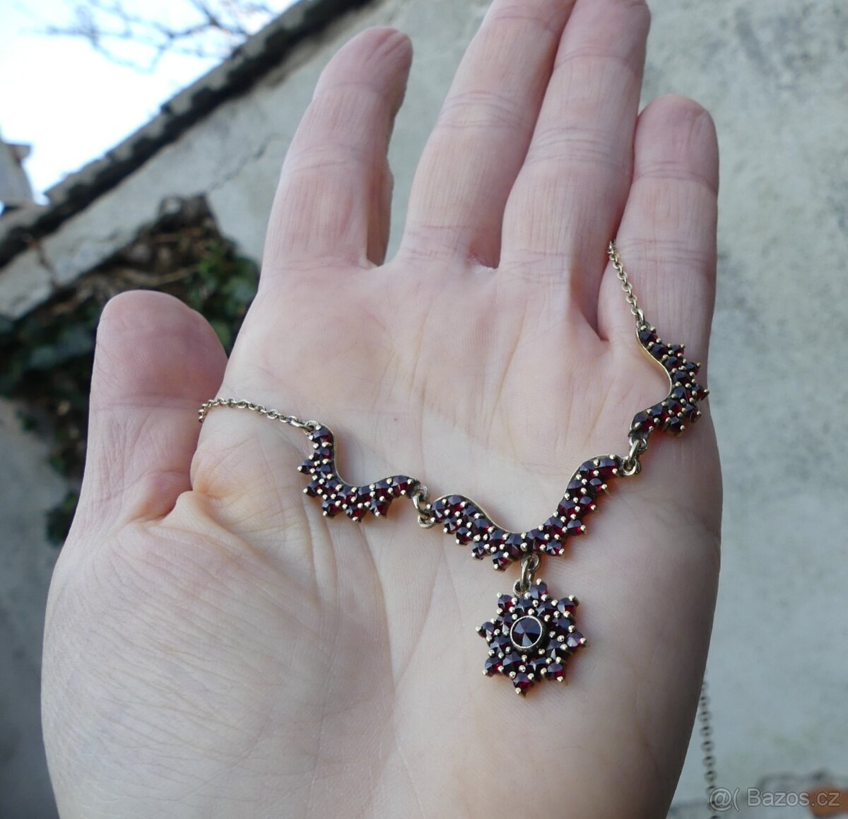 Šperky české granáty, koliér, brože, jehlice, stříbro tombak - 3