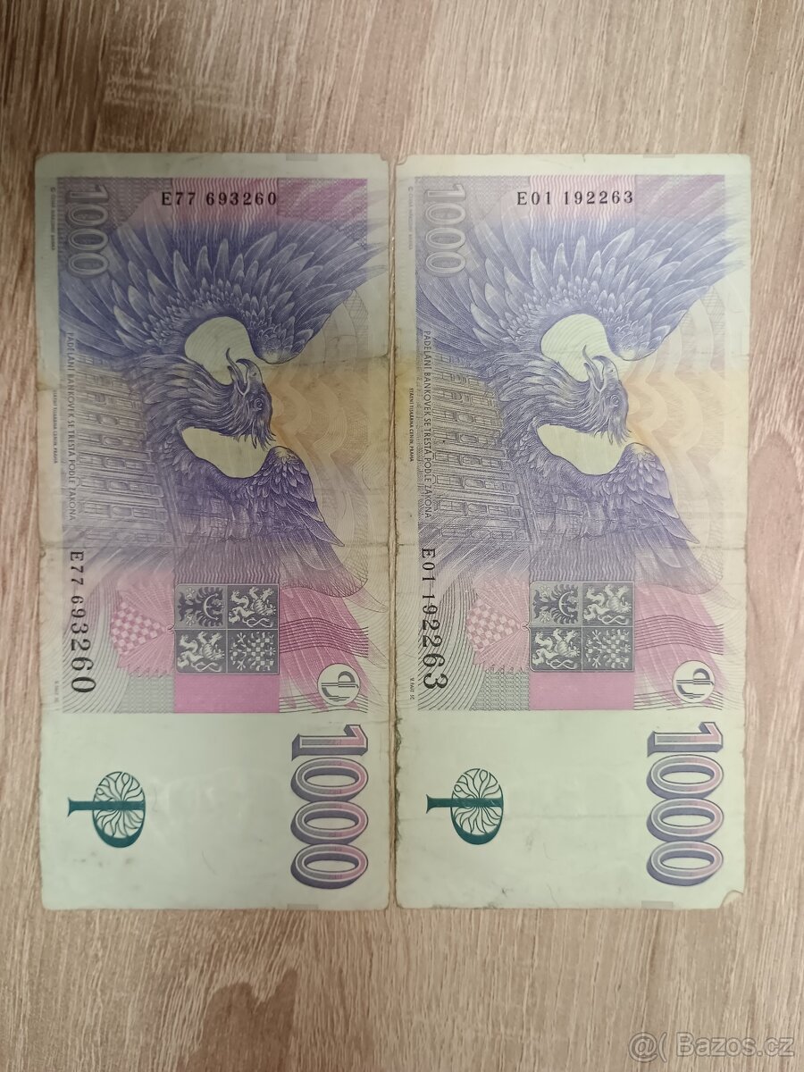 Bankovky 1000 Kč vzácná série E 01,77– 2 ks, originál - 3