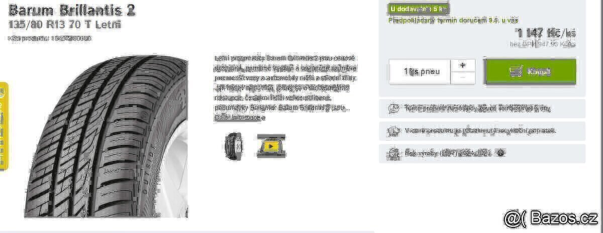 Prodám Barum 135/80 R13 70 T Letní cena za sadu - 3