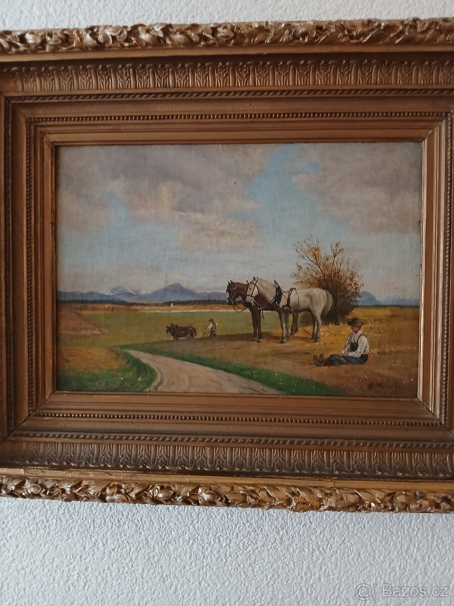 Starožitný obraz signovaný rok 1900 ze zadu štítek malíře. - 3