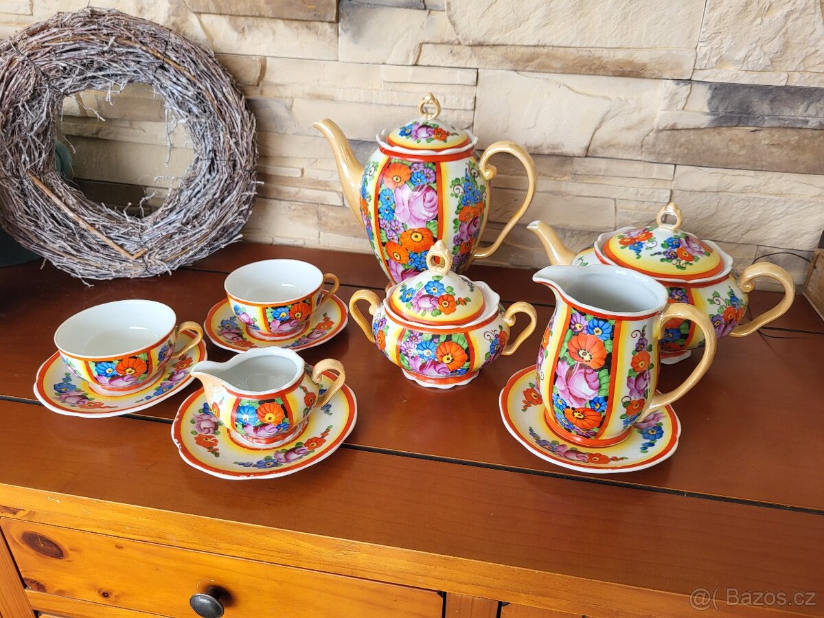 STAROŽITNÁ KOVOVÁ SOUPRAVA ART DECO- RUČNĚ MALOVANÁ - 3