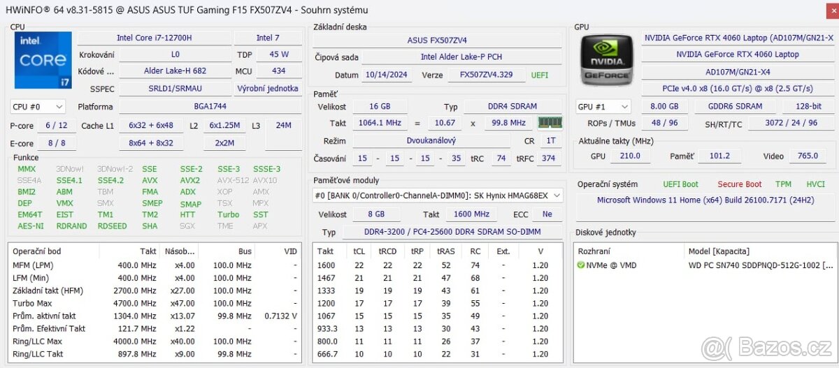 Asus TUF Gaming F15, i7 12700H - 3