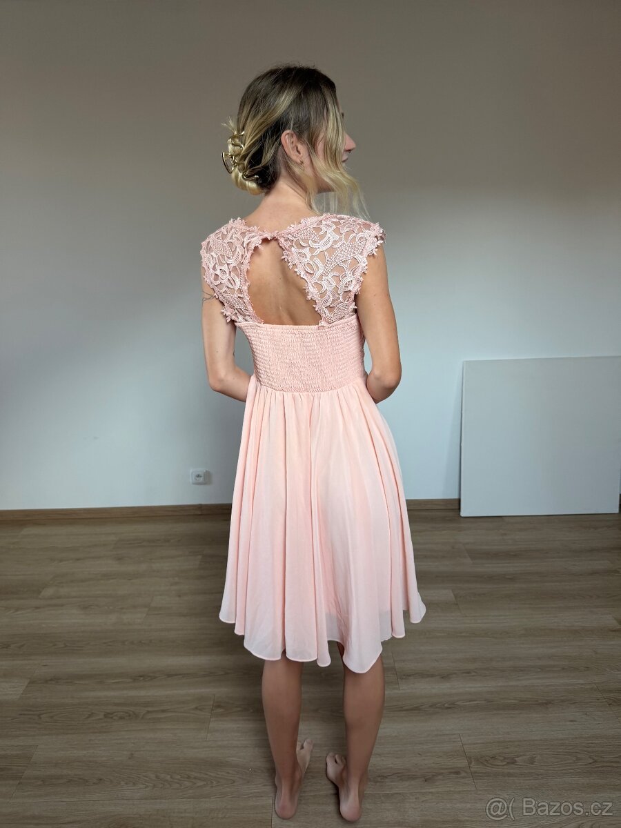 Meruňkové šaty s krajkou L - 3