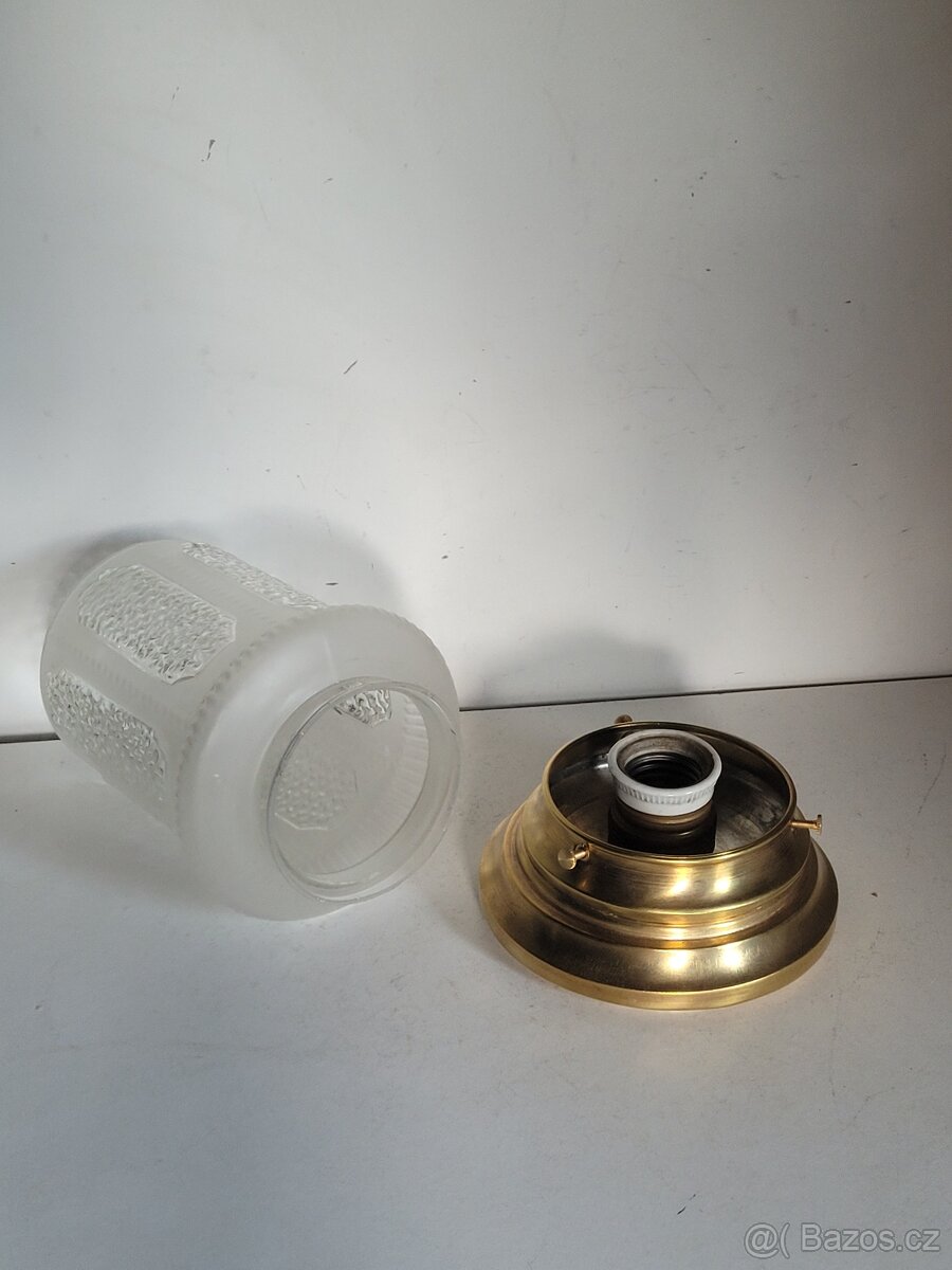 secesní mosazný lustr, stropnice, dobové matové stínidlo - 3