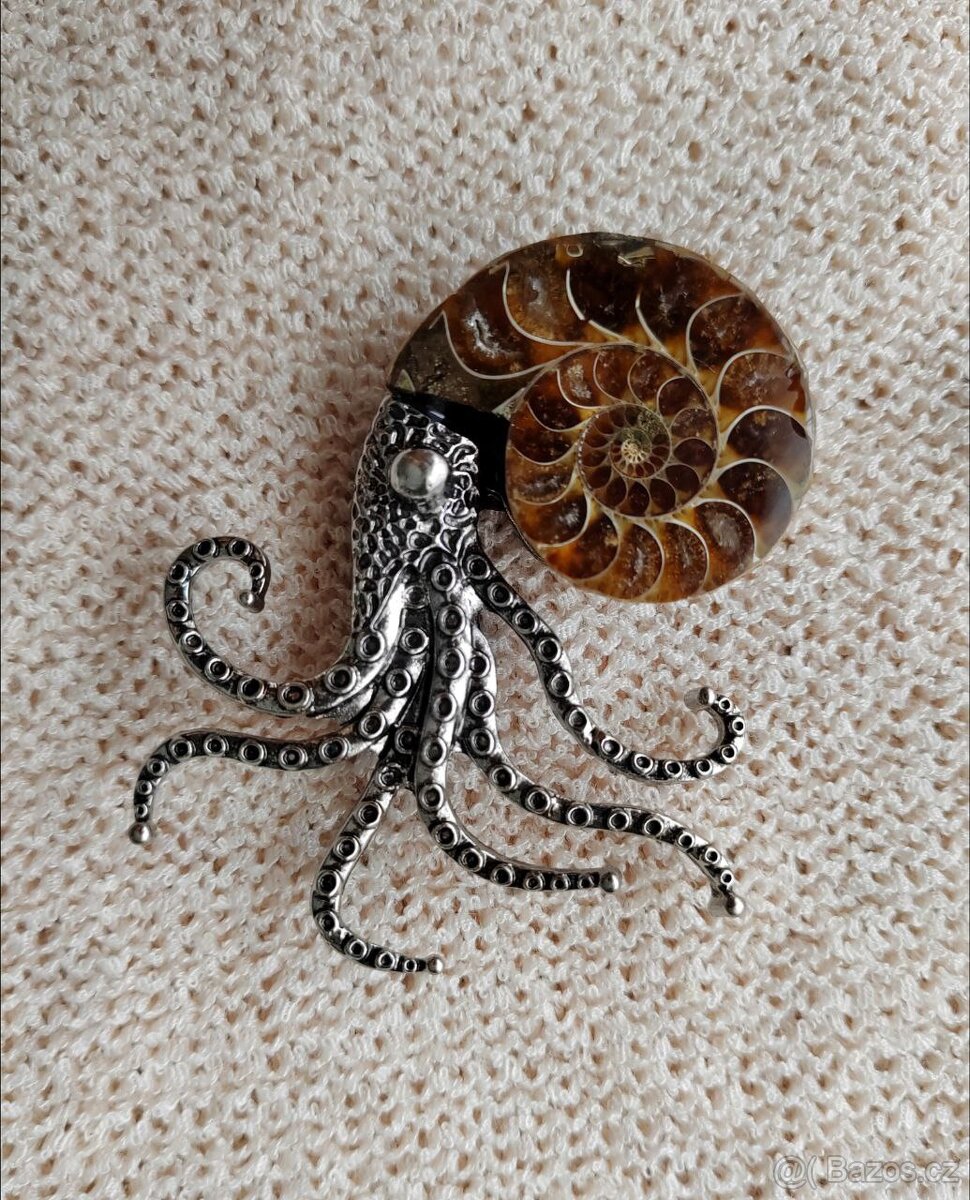 Přírodní amonit Brož s přívěsky ve tvaru chobotnice - 3
