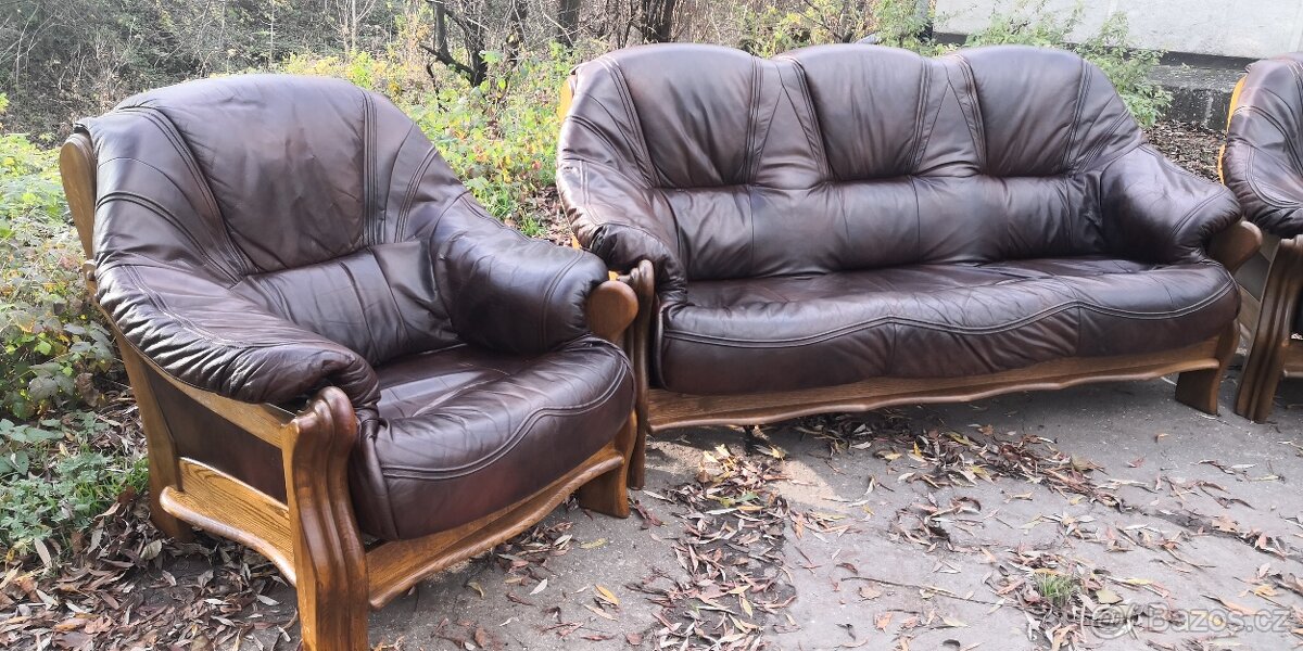 Kožená sedací souprava 3+1+1 s masivním dřevem TOP STAV - 3