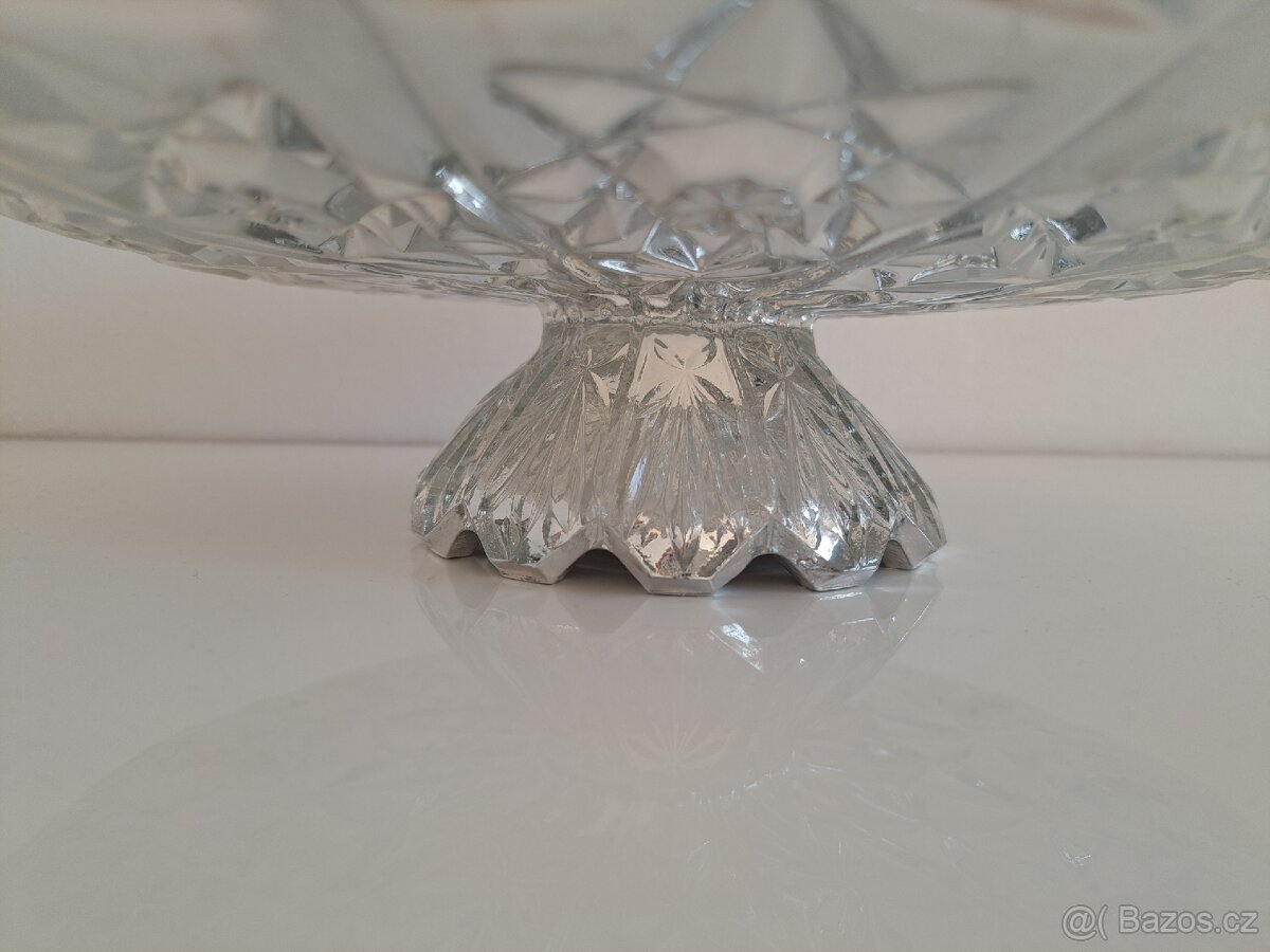 Skleněná, stříbrná retro mísa na nožce – lisované sklo - 3