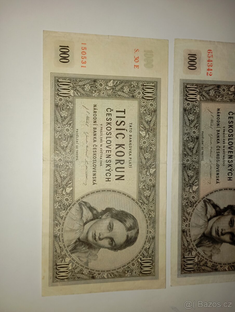 BANKOVKY 1000 KČS 1945, PRVNÍ A POSLEDNÍ VYDANÁ SÉRIE - 3