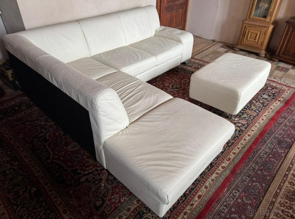 Bílá kožená rohová sedačka s taburetem,5979 - 3