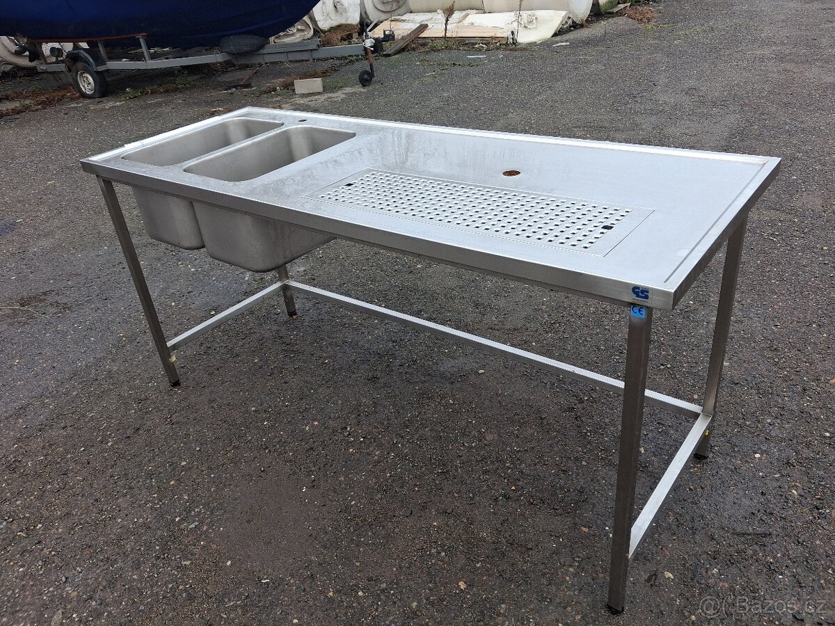Nerez výčepní stůl 189x70x90 cm s 2x dřezem a odkapem - 3