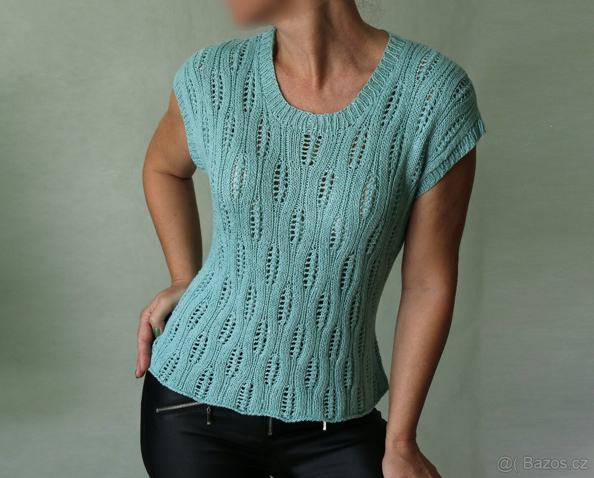 Ručně pletené letní mentolové tričko-halenka L-XXL - 3