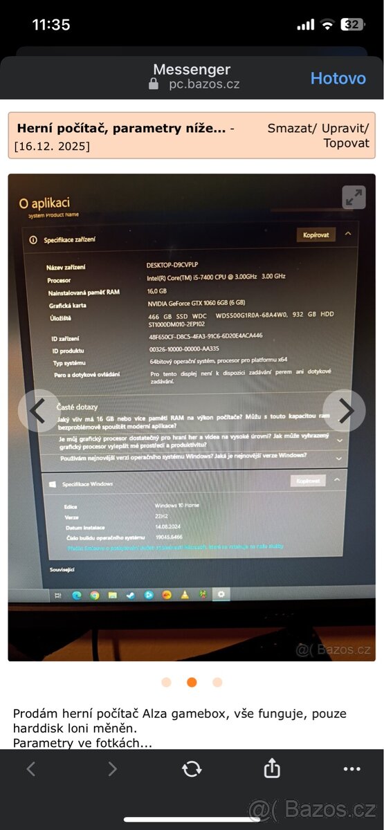 Prodám herní PC – GTX 1060 6GB / i5 / 16 GB RAM - 3