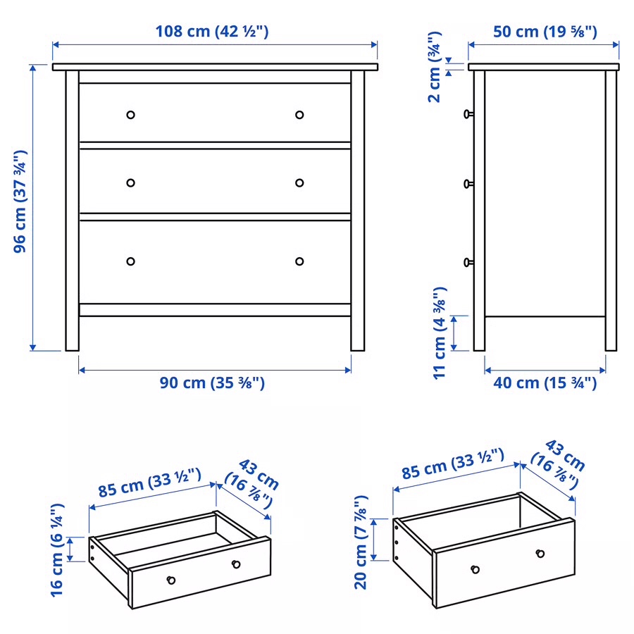 HEMNES Komoda se 3 zásuvkami, 108x96 cm IKEA - 3
