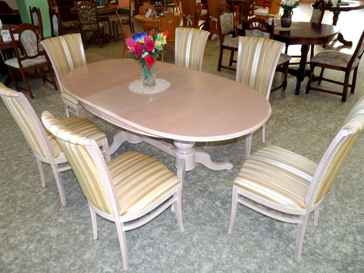 rozkládací stůl + 6 ks látkově polstrovaných židlí - 3