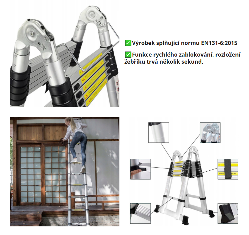 TELESKOPICKÝ HLINÍKOVÝ ŽEBŘÍK 6,2 m (3,1 m + 3,1 m) KLOUBOVÝ - 3