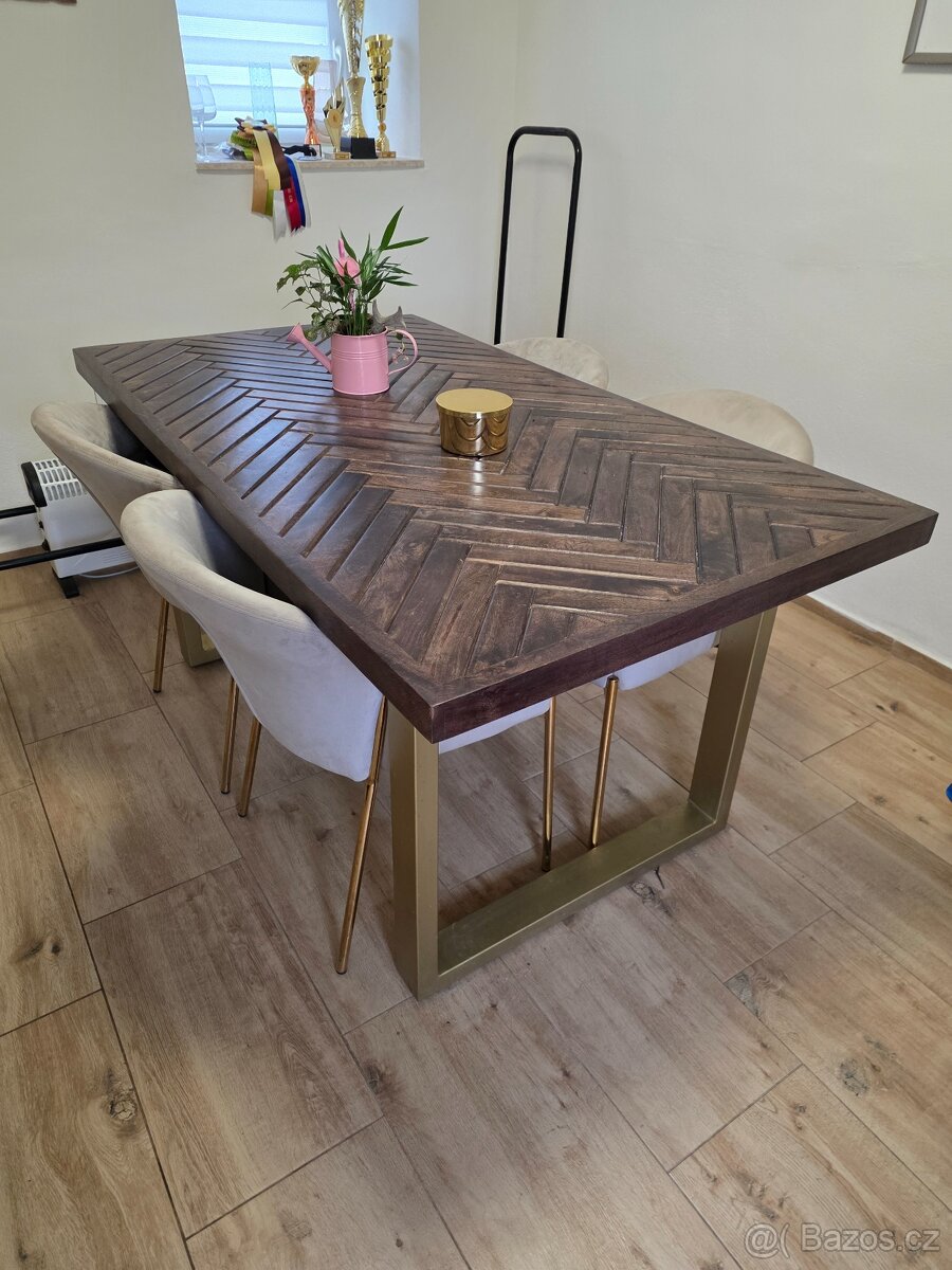 Designový jídelní stůl s pozlaceným kováním - 3