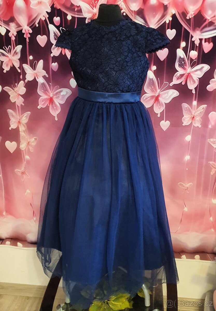 Elegantní tmavě modré dívčí společenské šaty - 3