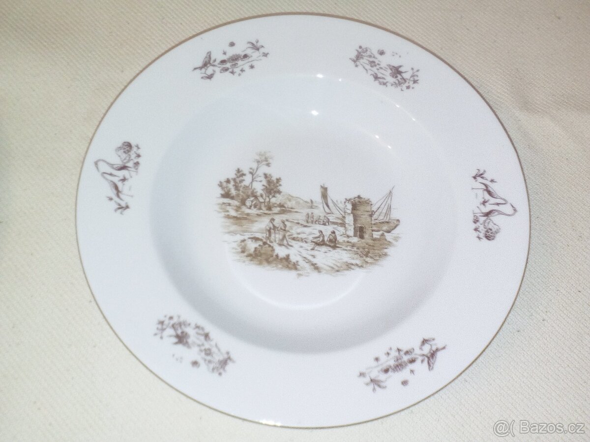jídelní sada talířů, vzor- zátiší u kostelíku, zlacený okraj - 3