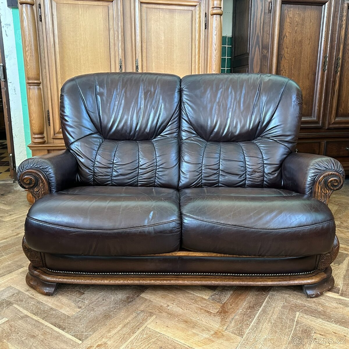 Sedací souprava 2+1 pravá kůže + dub masiv + ratan - 3