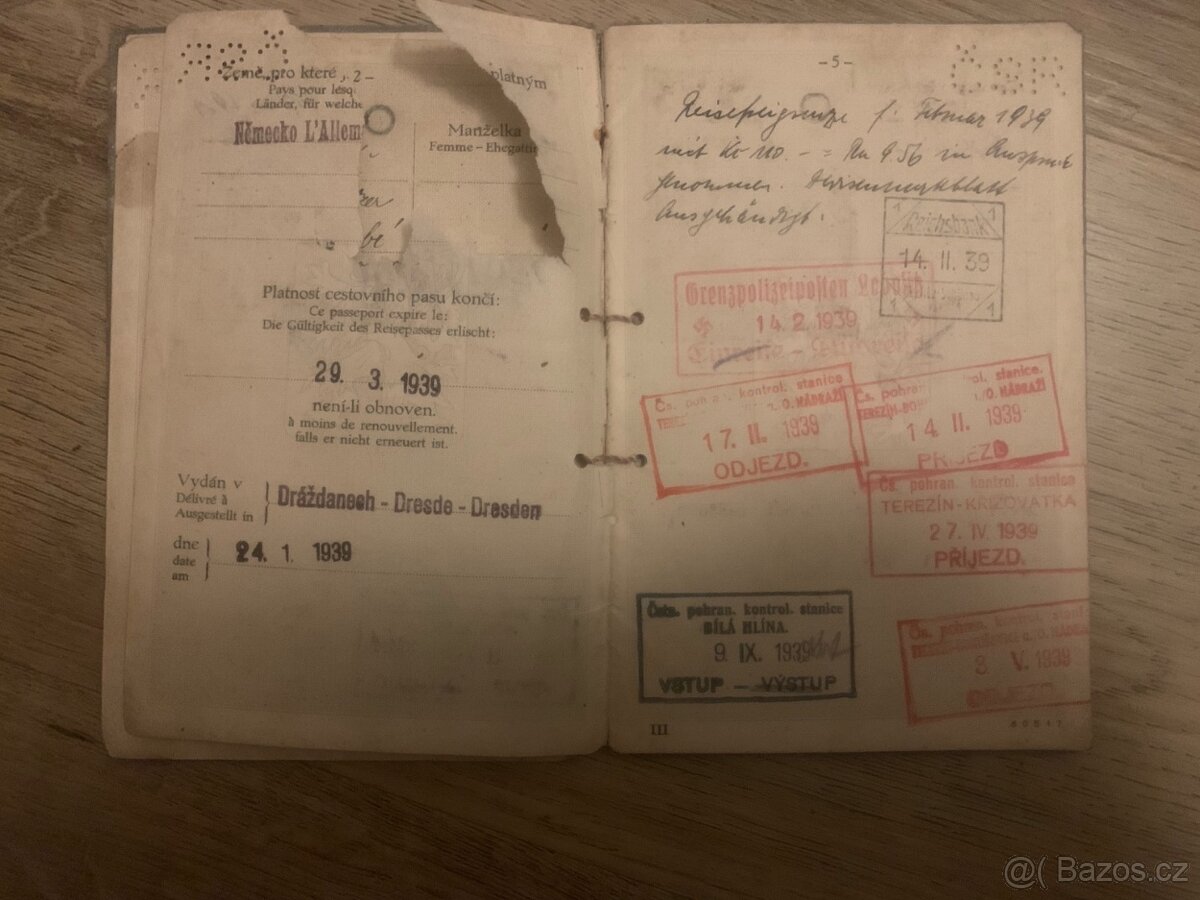 Cestovní pas ČSR – 24. 1. 1939 – těsně před vznikem Protekto - 3