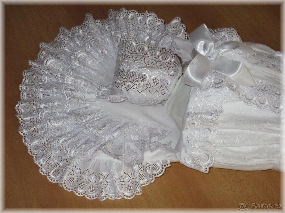 Retro souprava pro miminko zavinovačka, čepička, límeček - 3