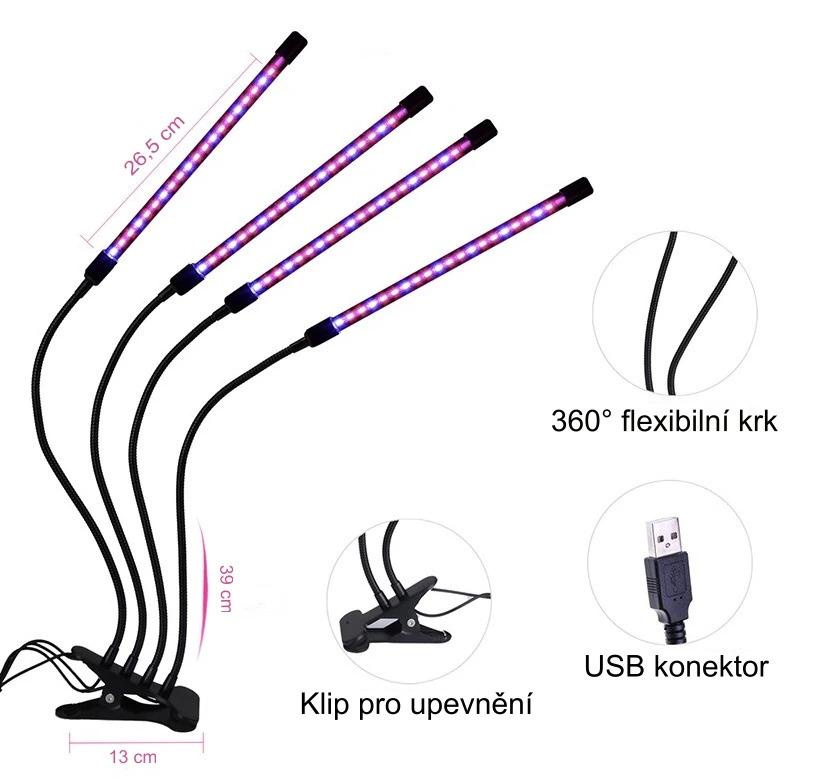 LED lampička s klipem pro pěstování rostlin 4 hlavy - 3