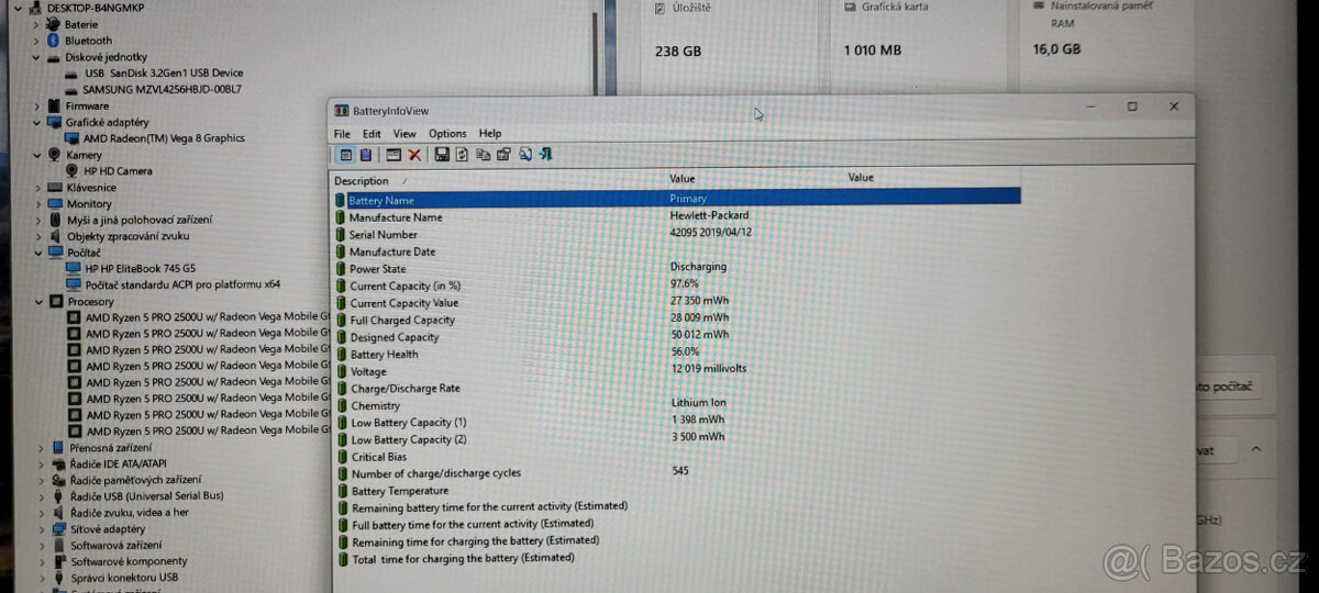 HP, Ryzen 5 2500U 4/8x 3,60GHz, 16GB DDR4, 25GB SSD, bat. 3h - 3