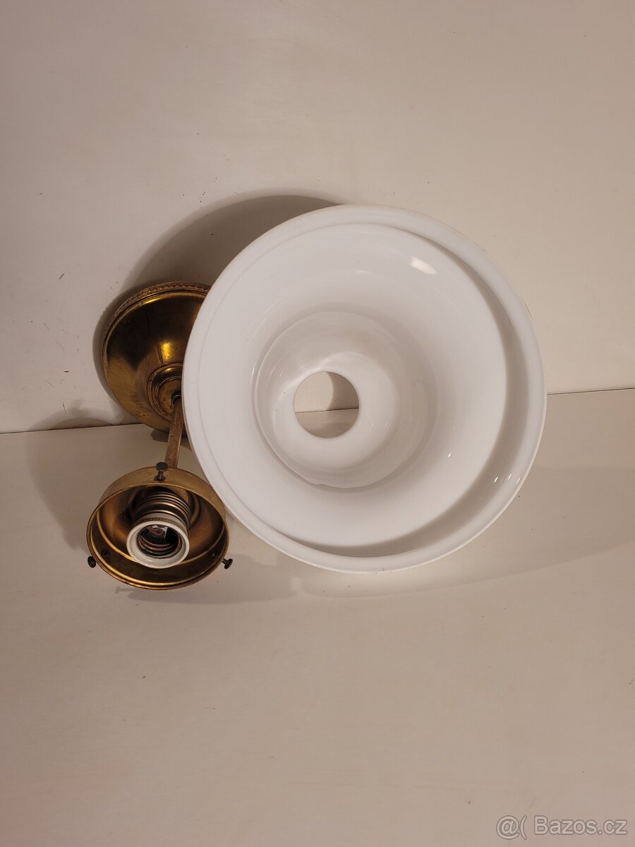 pěkný velice starý mosazný lustr, bílé stínidlo,nové elektro - 3