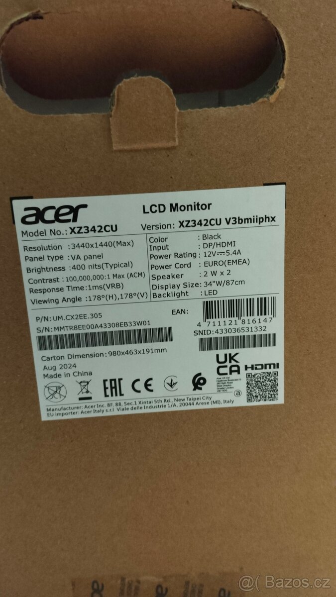 Prodám herní monitor Acer Nitro XZ342CU V3 - 3