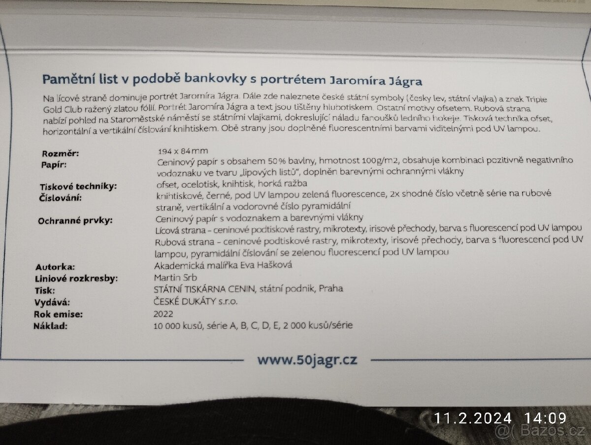 Pamětní list - bankovka Jaromír Jágr limit 10000ks / NOVÉ - 3