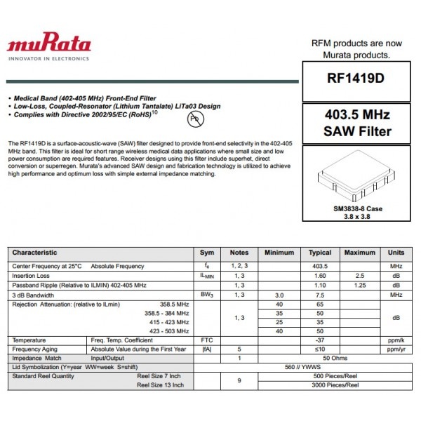 Pásmový SAW filtr RF1419D 403,5MHz⭐ - 3