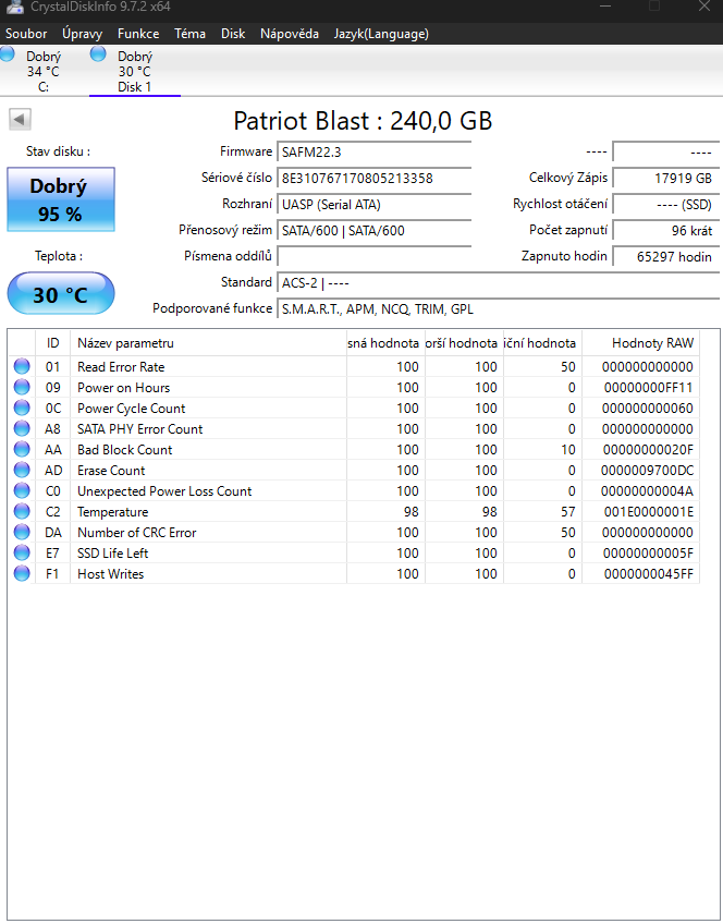 SSD Patriot Blast 240GB – 2 ks, zdraví 95–96 % - 3