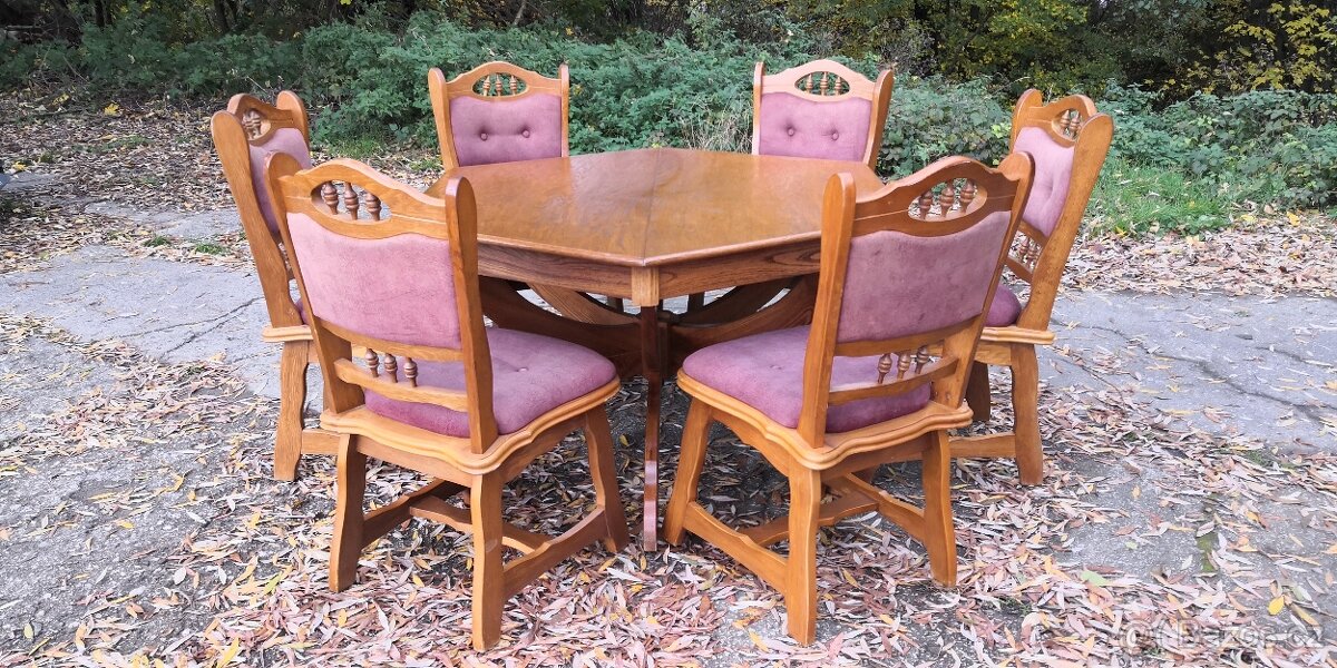 Masivní rozkládací stůl + 6x masivní židle - 3