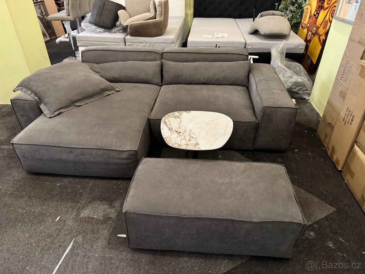 NOVÁ hnědá Sedací souprava Sirpio 270cm s taburetem Tkanina - 3