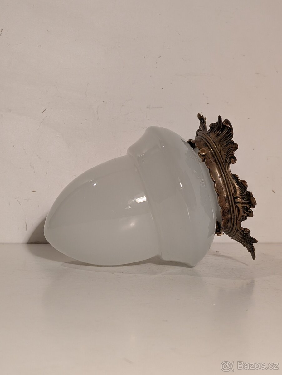 secesní mosazný lustr, původní mléčné stínidlo - 3