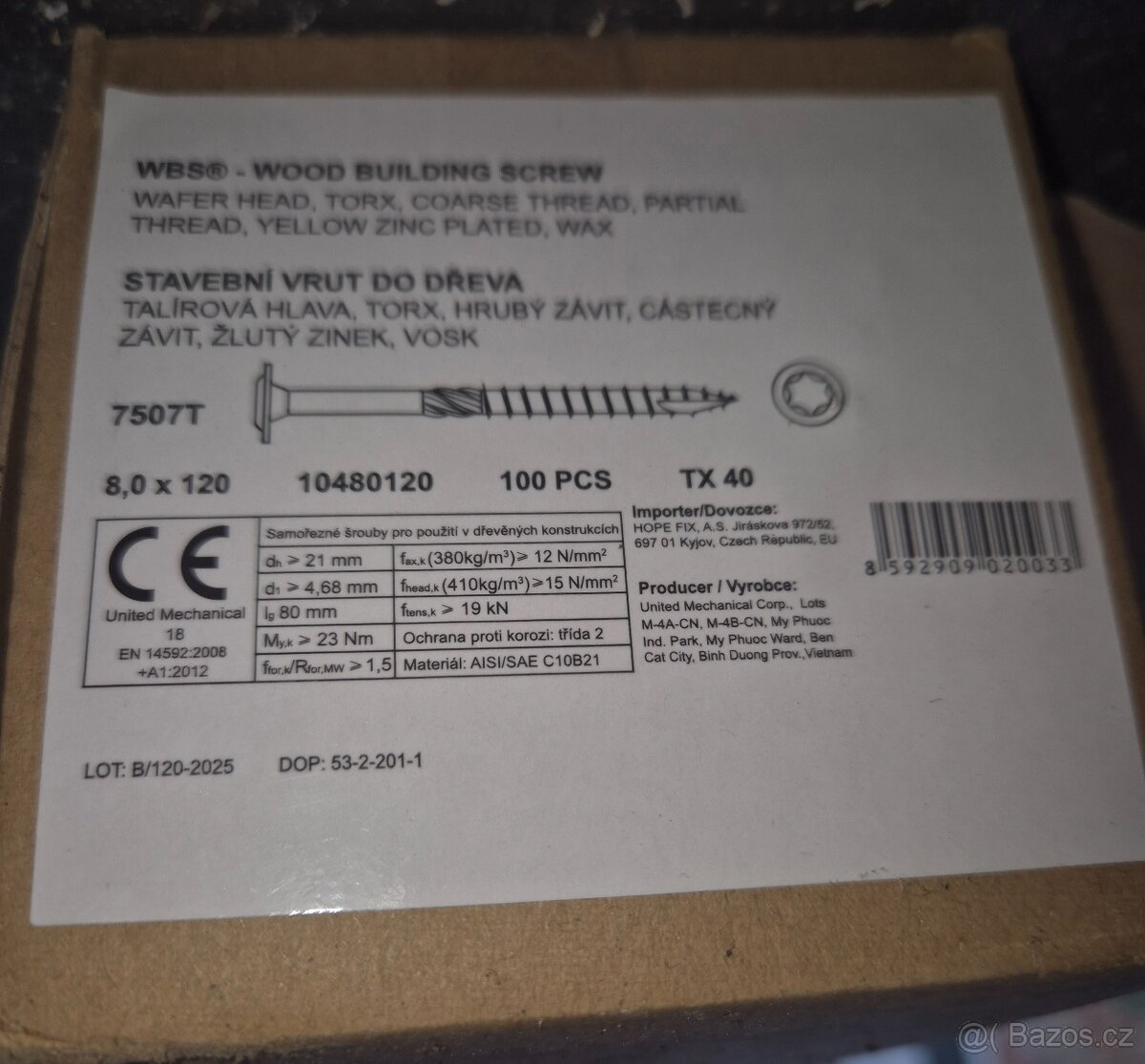 Tesařský vrut s talířovou hlavou 8x120 torx - 3