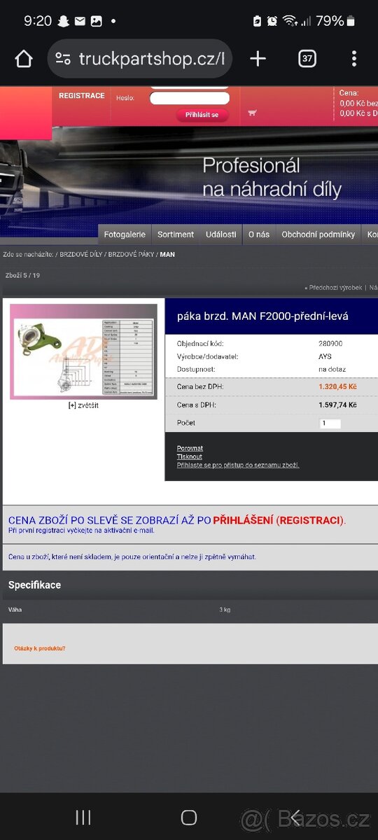 Páka brzd man f2000 - 3