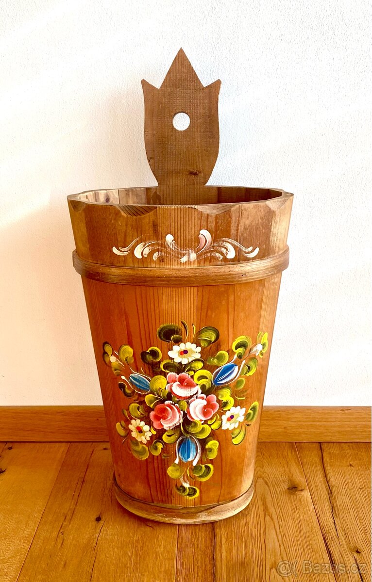 Staré krásné dřevěné malované vědro - 3