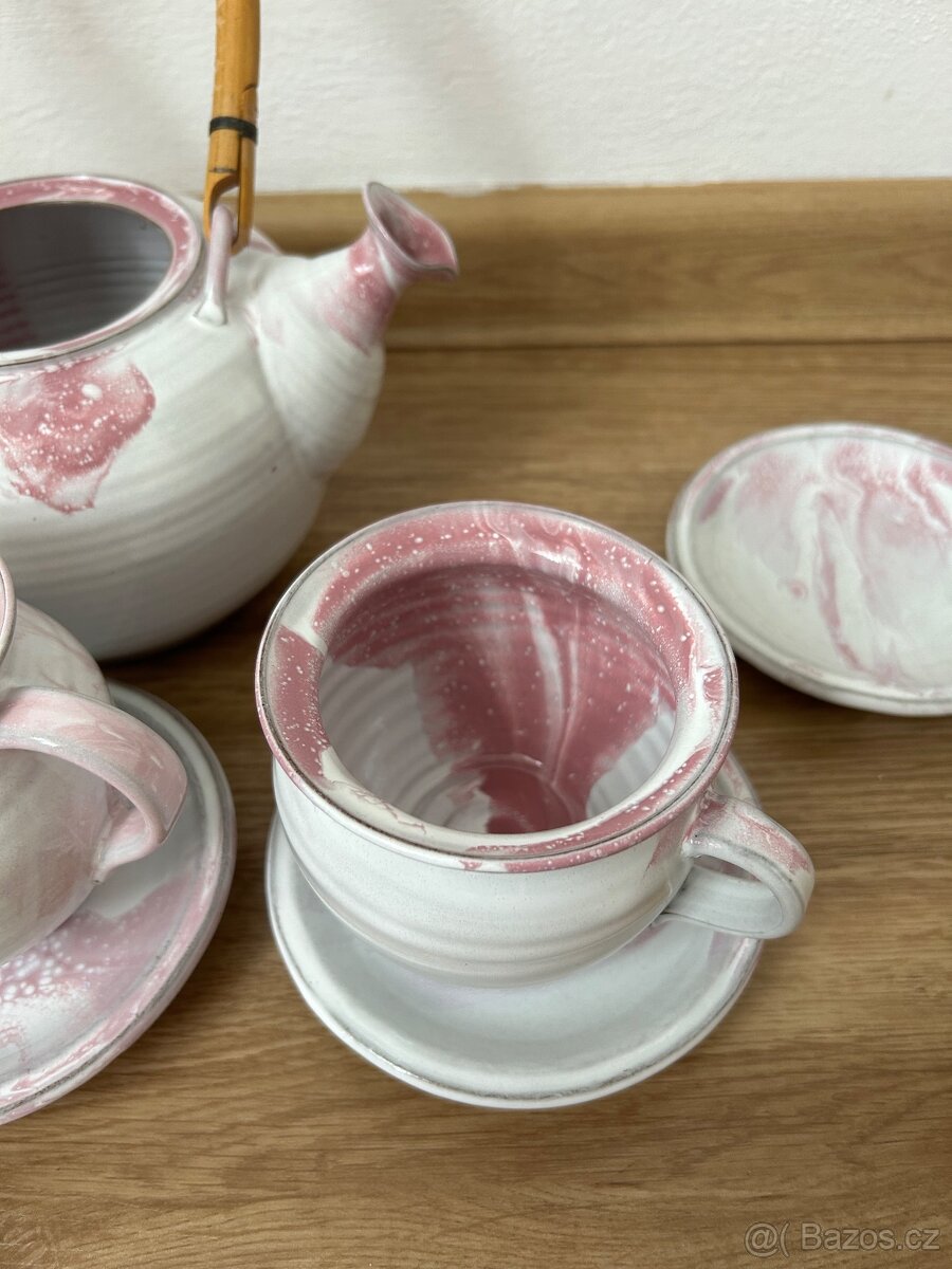 Keramický růžovo-bilý čajový set/sada - 3