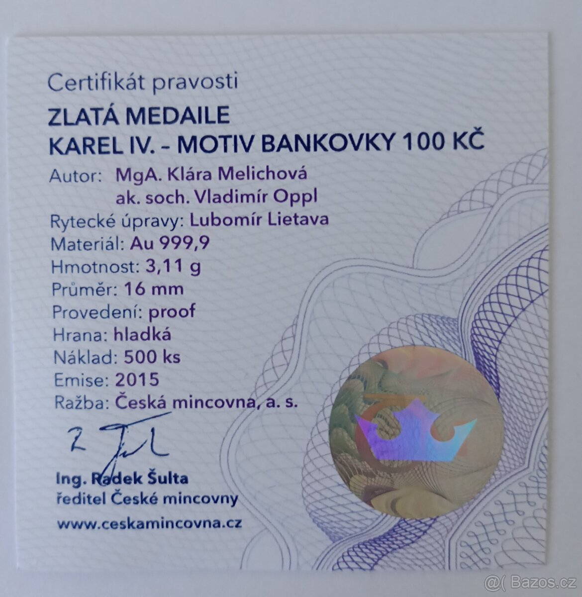 Zlatá medaile Karel IV.-motiv bankovky 100 kč - 3