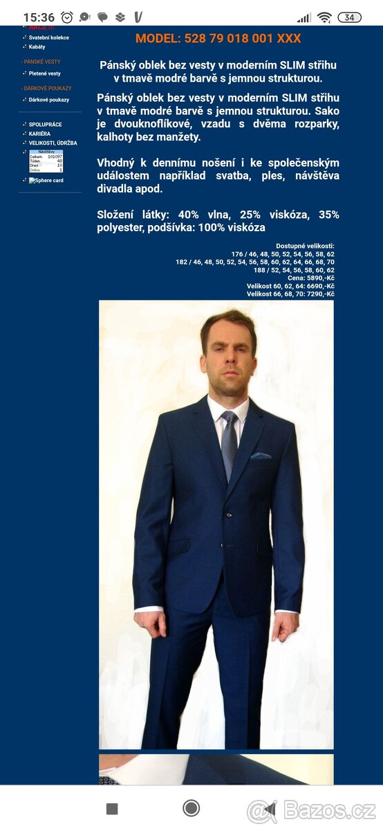 Pánský/chlapecký modrý oblek, slim, velikost 170/44 - 3