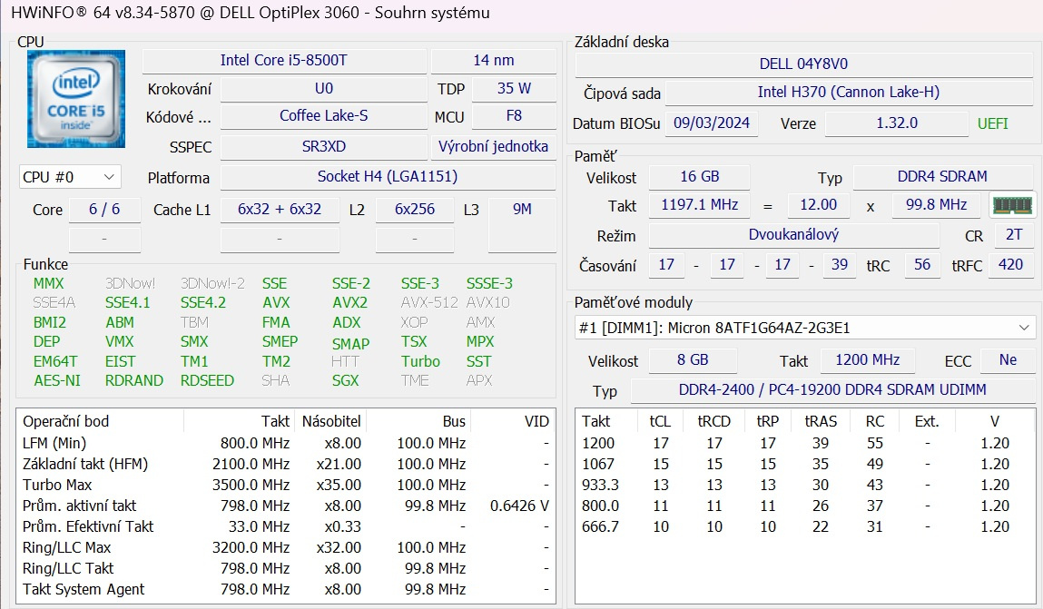 Dell OptiPlex SFF 3060 Intel I5-8500T 16GB/ 256GB SSD,W11 - 3