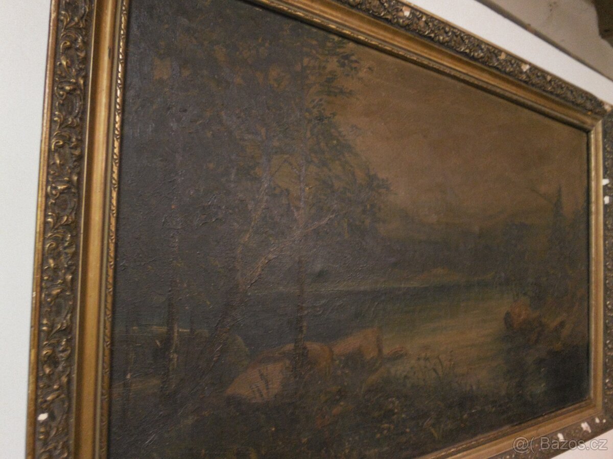 Starý obraz, krajina, jezero,sig. - 3